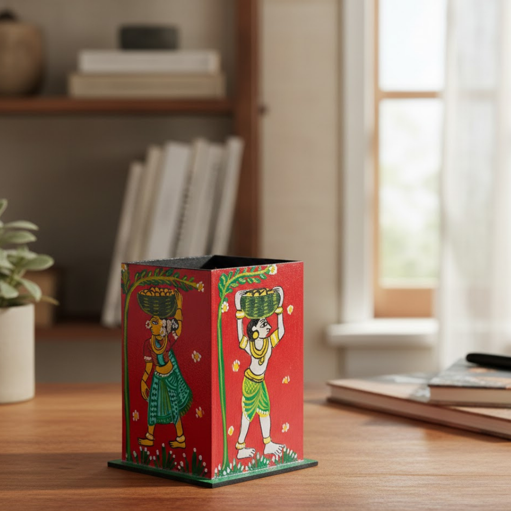 Decorative Multipurpose Pen Stand 2 - Exclusively hand-painted in Cheriyal Painting by Penkraft