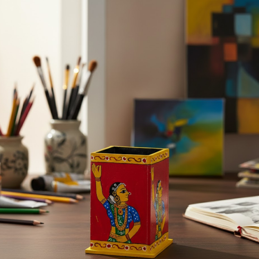 Decorative Multipurpose Pen Stand 1 - Exclusively hand-painted in Cheriyal Painting by Penkraft